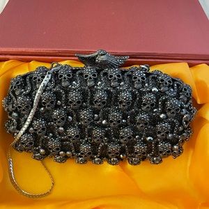 Skull Gunmetal Gothic Evening Purse w/ Black Crystals